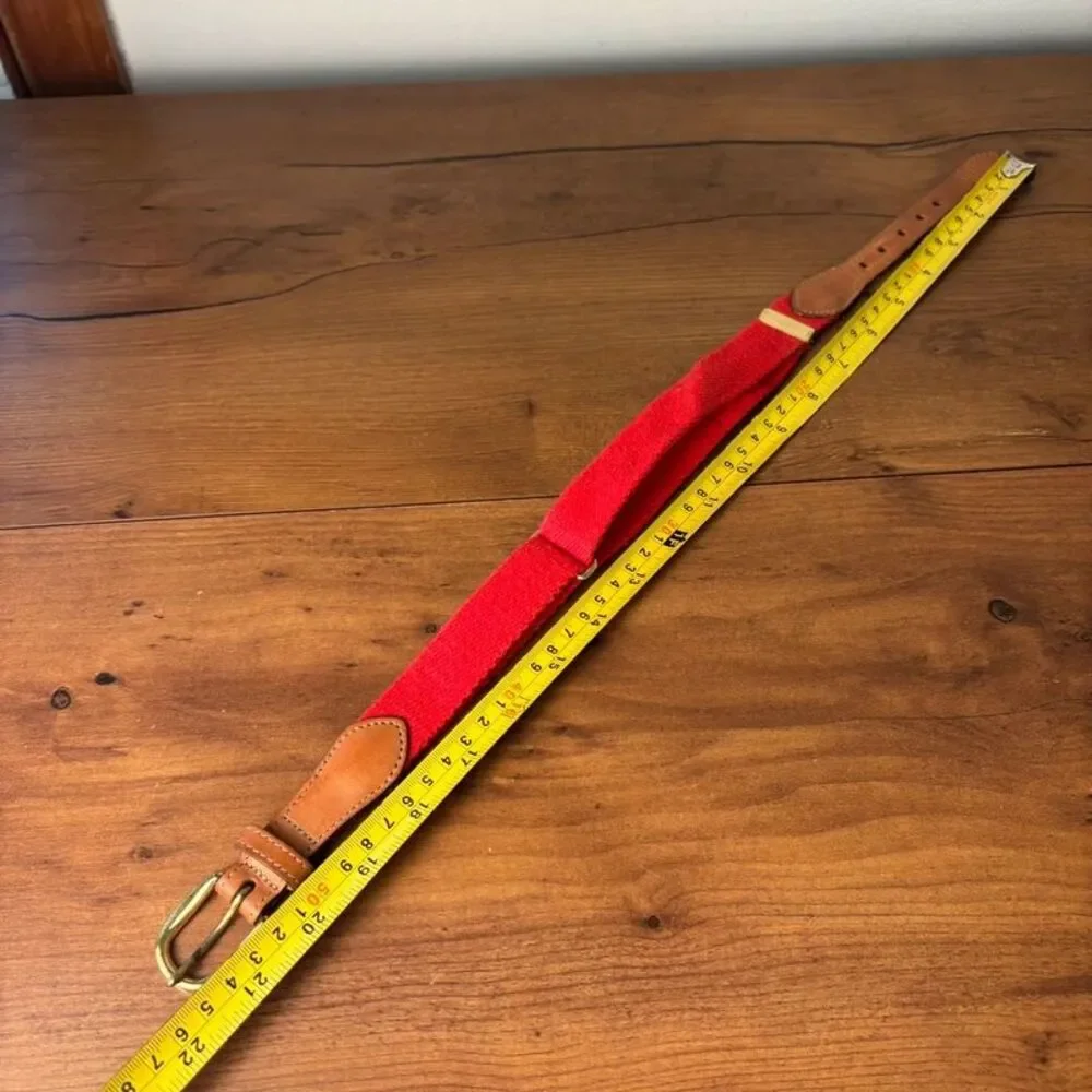 Lands' End VTG 90s Red Canvas Leather Trim Belt Solid Brass Buckle Youth M